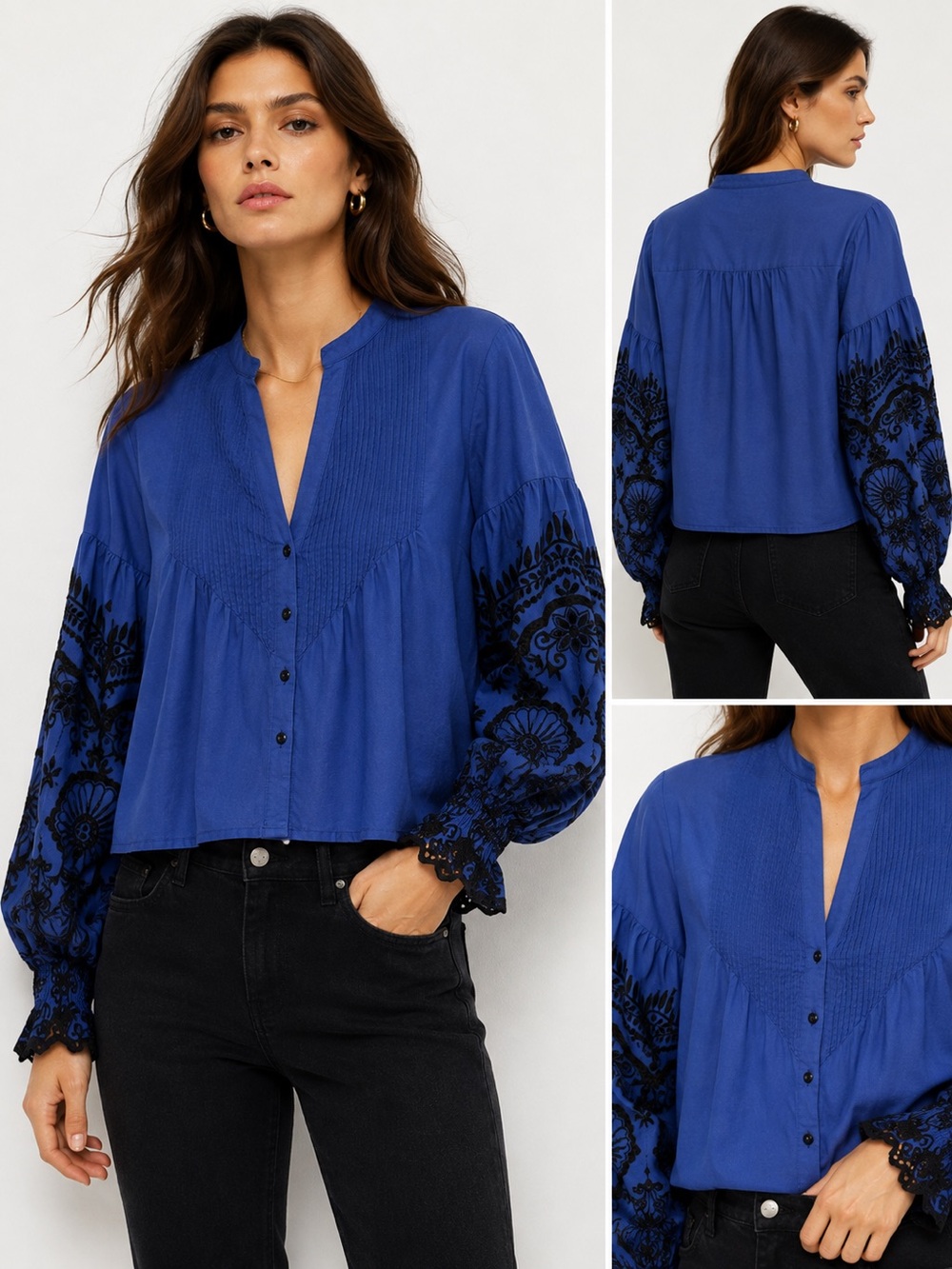 Zara Woman Blue Black Embroidered Boho Peasant Blouse Pintuck Top Small
